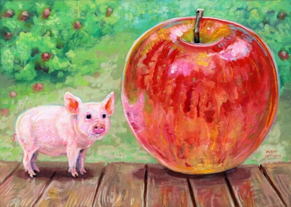 "Tiny Pig With Giant Apple" original acrylic painting on wood by Matt Godwin 7"x5"
