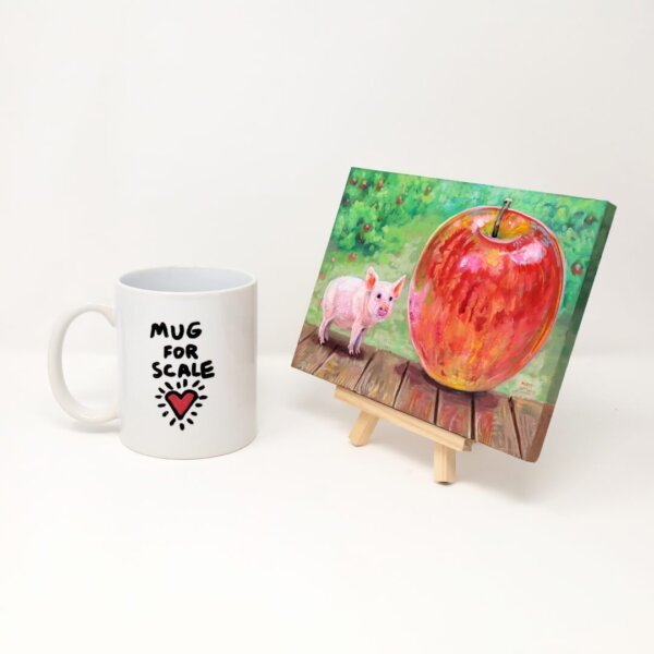 "Tiny Pig With Giant Apple" original acrylic painting on wood by Matt Godwin 7"x5"