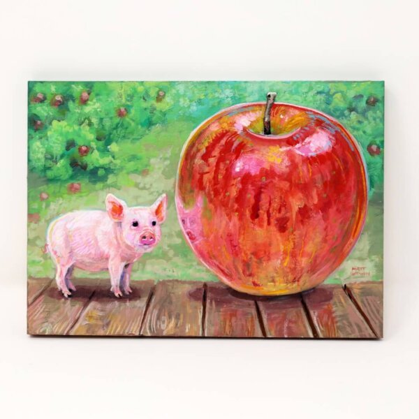 "Tiny Pig With Giant Apple" original acrylic painting on wood by Matt Godwin 7"x5"
