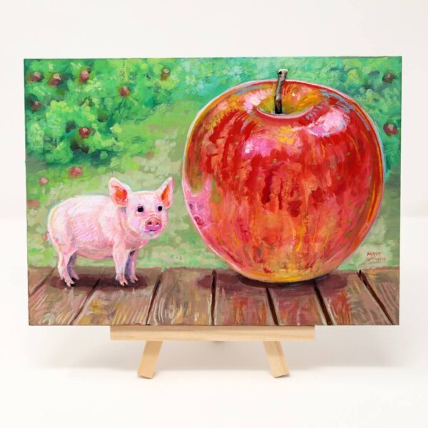 "Tiny Pig With Giant Apple" original acrylic painting on wood by Matt Godwin 7"x5"