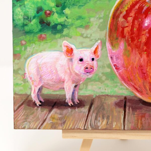 "Tiny Pig With Giant Apple" original acrylic painting on wood by Matt Godwin 7"x5"