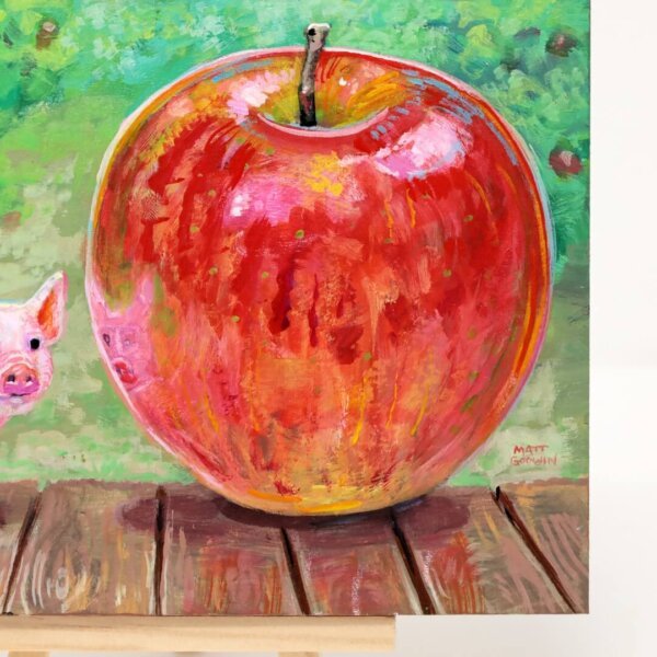 "Tiny Pig With Giant Apple" original acrylic painting on wood by Matt Godwin 7"x5"