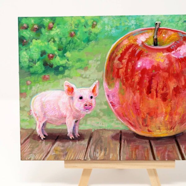 "Tiny Pig With Giant Apple" original acrylic painting on wood by Matt Godwin 7"x5"
