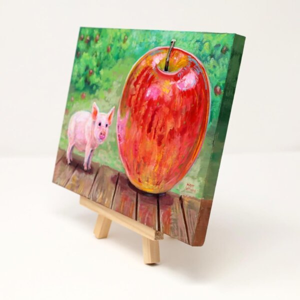 "Tiny Pig With Giant Apple" original acrylic painting on wood by Matt Godwin 7"x5"