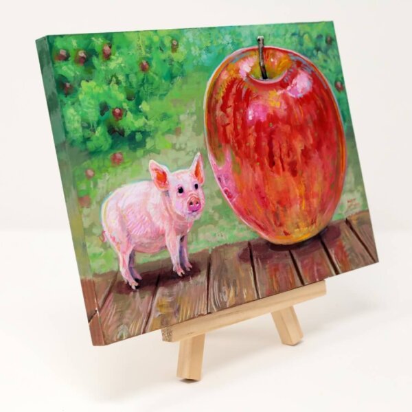 "Tiny Pig With Giant Apple" original acrylic painting on wood by Matt Godwin 7"x5"