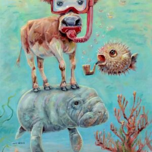 "Snorkel Cow, Sea Cow, And Pufferfish" original oil painting on canvas panel by Matt Godwin 9"x12"