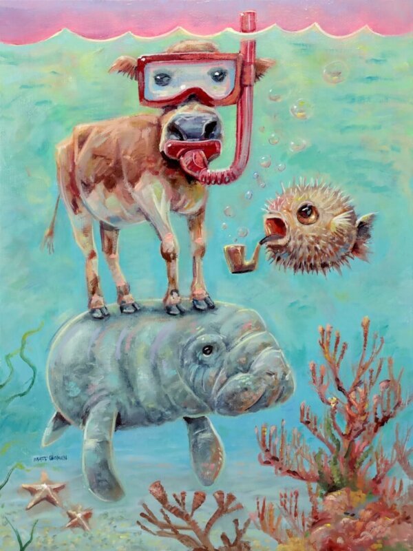 "Snorkel Cow, Sea Cow, And Pufferfish" original oil painting on canvas panel by Matt Godwin 9"x12"
