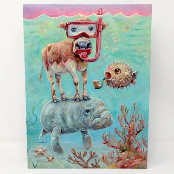 "Snorkel Cow, Sea Cow, And Pufferfish" original oil painting on canvas panel by Matt Godwin 9"x12"