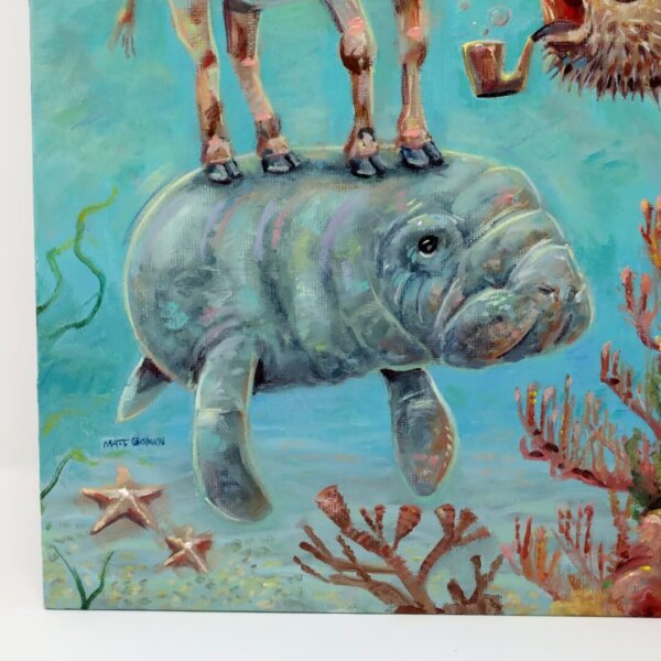 "Snorkel Cow, Sea Cow, And Pufferfish" original oil painting on canvas panel by Matt Godwin 9"x12"