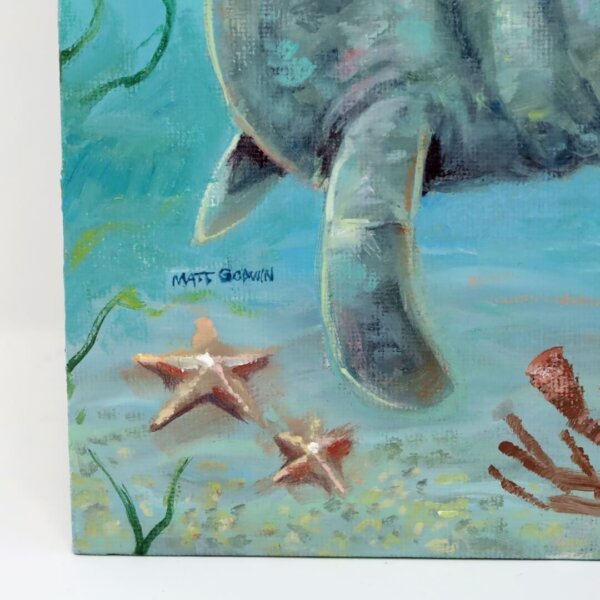 "Snorkel Cow, Sea Cow, And Pufferfish" original oil painting on canvas panel by Matt Godwin 9"x12"