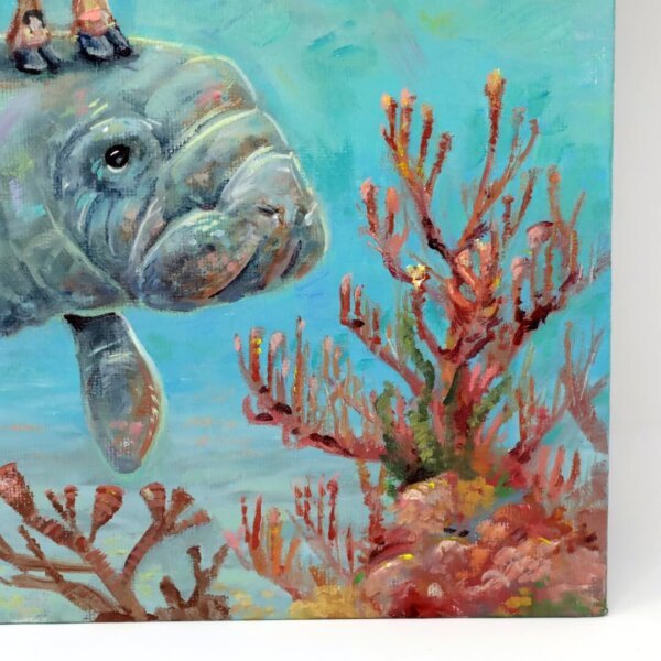 "Snorkel Cow, Sea Cow, And Pufferfish" original oil painting on canvas panel by Matt Godwin 9"x12"