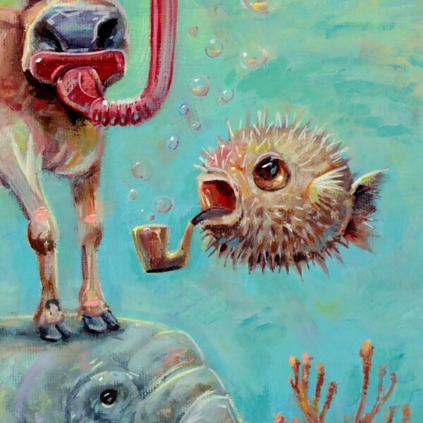 "Snorkel Cow, Sea Cow, And Pufferfish" original oil painting on canvas panel by Matt Godwin 9"x12"