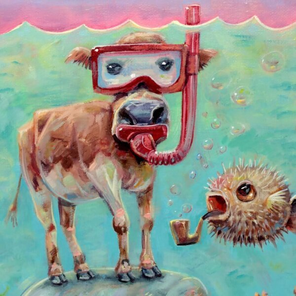 "Snorkel Cow, Sea Cow, And Pufferfish" original oil painting on canvas panel by Matt Godwin 9"x12"