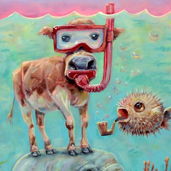 "Snorkel Cow, Sea Cow, And Pufferfish" original oil painting on canvas panel by Matt Godwin 9"x12"