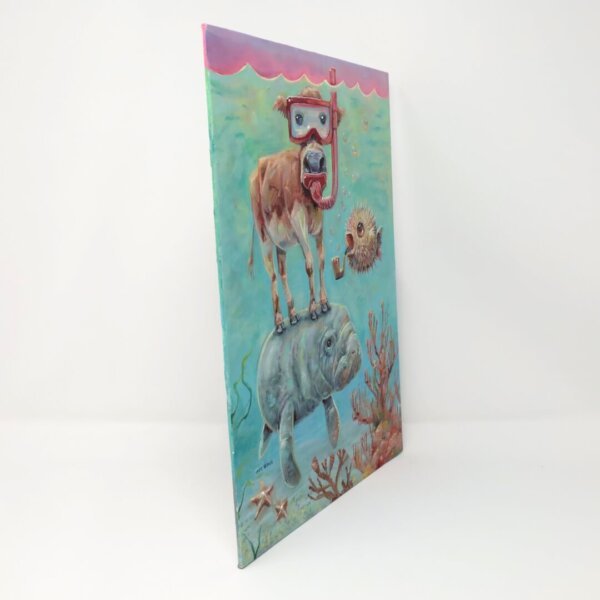 "Snorkel Cow, Sea Cow, And Pufferfish" original oil painting on canvas panel by Matt Godwin 9"x12"