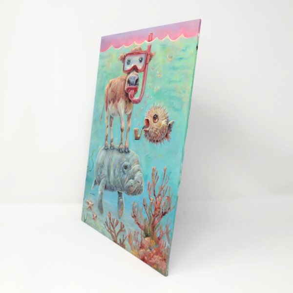 "Snorkel Cow, Sea Cow, And Pufferfish" original oil painting on canvas panel by Matt Godwin 9"x12"