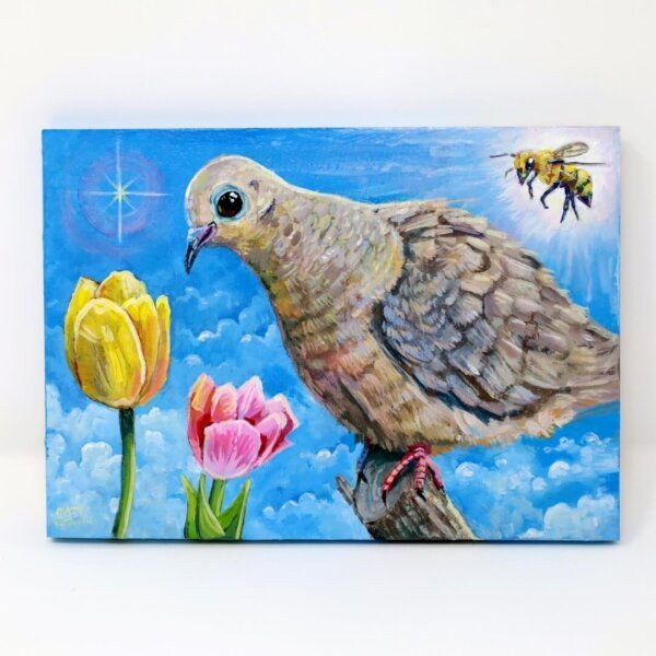 "Sweet Mourning Dove With Bee Admiring The Tulips" original acrylic painting on wood by Matt Godwin 7"x5"
