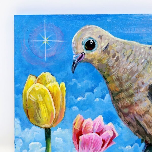 "Sweet Mourning Dove With Bee Admiring The Tulips" original acrylic painting on wood by Matt Godwin 7"x5"