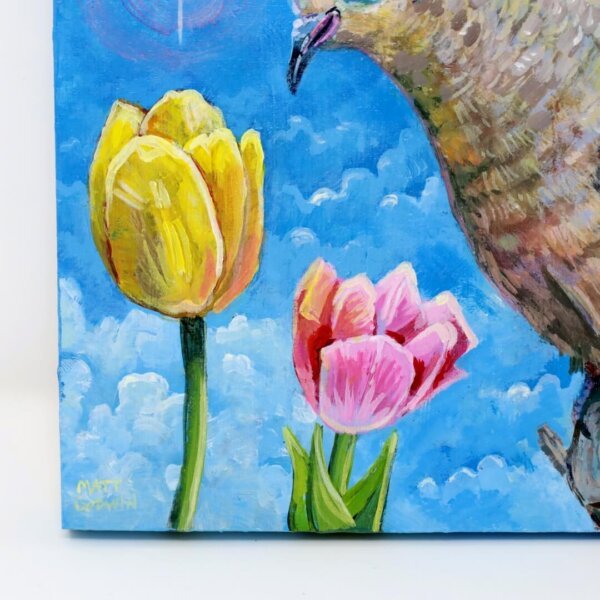 "Sweet Mourning Dove With Bee Admiring The Tulips" original acrylic painting on wood by Matt Godwin 7"x5"