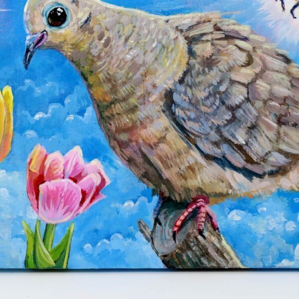 "Sweet Mourning Dove With Bee Admiring The Tulips" original acrylic painting on wood by Matt Godwin 7"x5"
