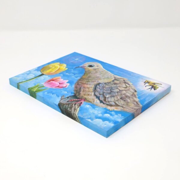 "Sweet Mourning Dove With Bee Admiring The Tulips" original acrylic painting on wood by Matt Godwin 7"x5"