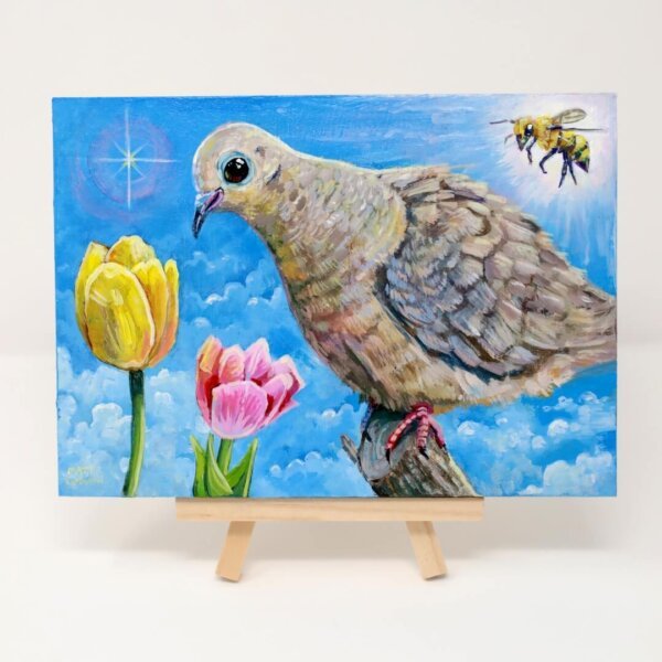 "Sweet Mourning Dove With Bee Admiring The Tulips" original acrylic painting on wood by Matt Godwin 7"x5"