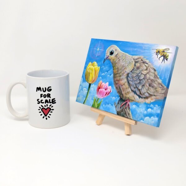 "Sweet Mourning Dove With Bee Admiring The Tulips" original acrylic painting on wood by Matt Godwin 7"x5"