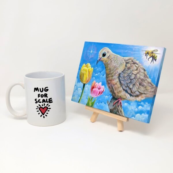 "Sweet Mourning Dove With Bee Admiring The Tulips" original acrylic painting on wood by Matt Godwin 7"x5"