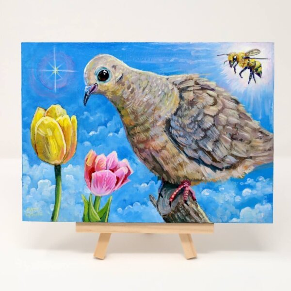 "Sweet Mourning Dove With Bee Admiring The Tulips" original acrylic painting on wood by Matt Godwin 7"x5"