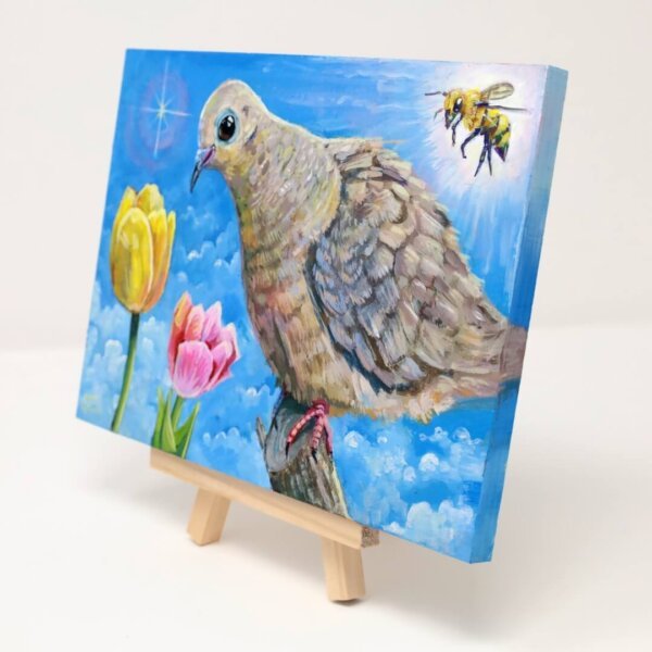 "Sweet Mourning Dove With Bee Admiring The Tulips" original acrylic painting on wood by Matt Godwin 7"x5"