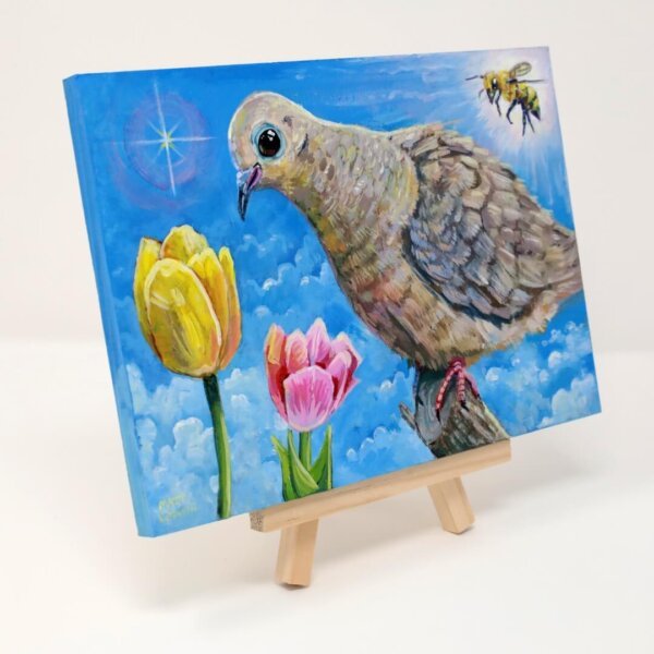 "Sweet Mourning Dove With Bee Admiring The Tulips" original acrylic painting on wood by Matt Godwin 7"x5"