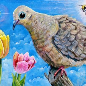 "Sweet Mourning Dove With Bee Admiring The Tulips" original acrylic painting on wood by Matt Godwin 7"x5"