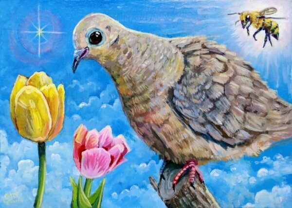 "Sweet Mourning Dove With Bee Admiring The Tulips" original acrylic painting on wood by Matt Godwin 7"x5"