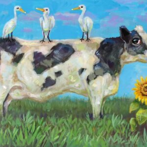 "Three Egrets Hanging Out On A Cow" original acrylic painting on wood by Matt Godwin 7"x5"