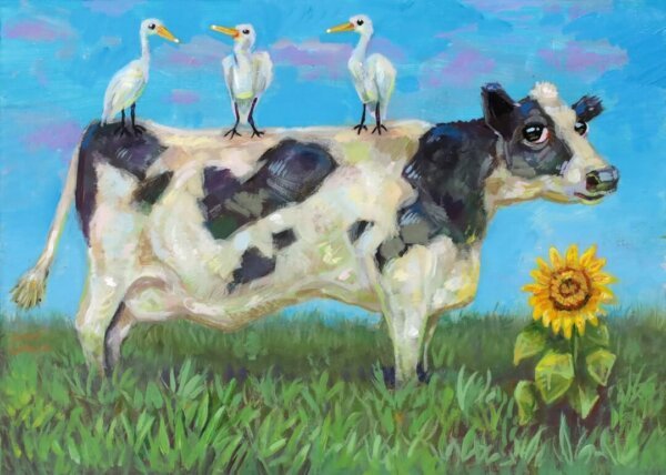"Three Egrets Hanging Out On A Cow" original acrylic painting on wood by Matt Godwin 7"x5"
