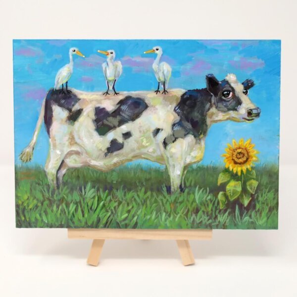 "Three Egrets Hanging Out On A Cow" original acrylic painting on wood by Matt Godwin 7"x5"