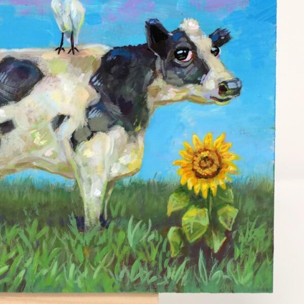 "Three Egrets Hanging Out On A Cow" original acrylic painting on wood by Matt Godwin 7"x5"