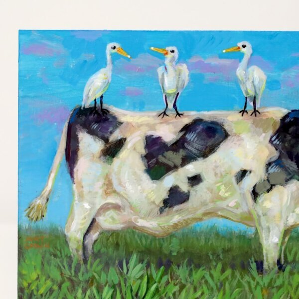 "Three Egrets Hanging Out On A Cow" original acrylic painting on wood by Matt Godwin 7"x5"