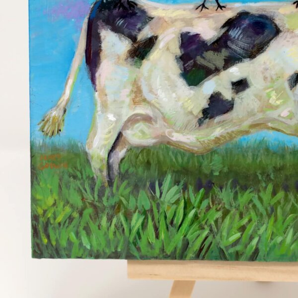 "Three Egrets Hanging Out On A Cow" original acrylic painting on wood by Matt Godwin 7"x5"