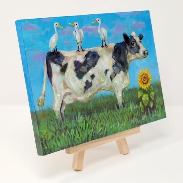 "Three Egrets Hanging Out On A Cow" original acrylic painting on wood by Matt Godwin 7"x5"