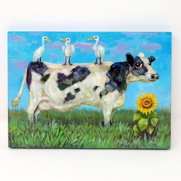"Three Egrets Hanging Out On A Cow" original acrylic painting on wood by Matt Godwin 7"x5"