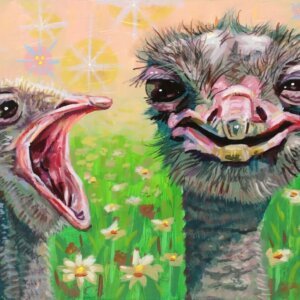 "Two Ostriches Having A Nice Day" original gouache on acrylic painting on wood by Matt Godwin 7"x5"
