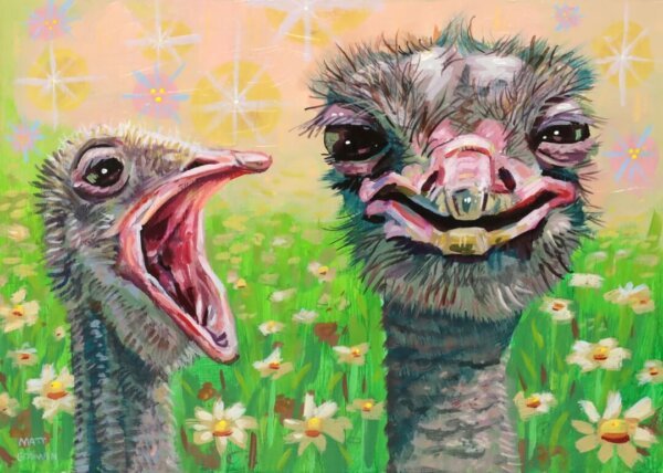 "Two Ostriches Having A Nice Day" original gouache on acrylic painting on wood by Matt Godwin 7"x5"