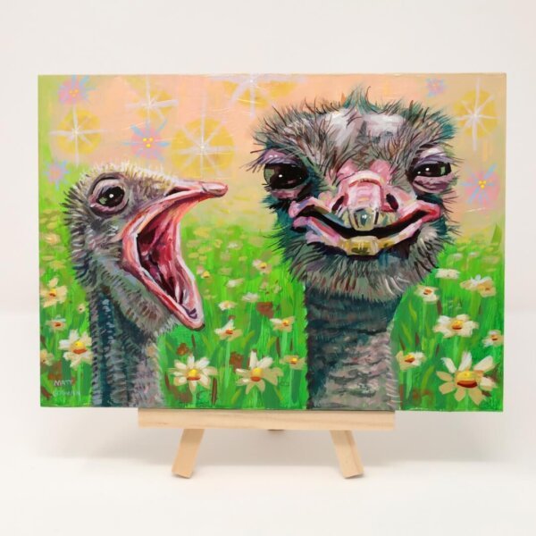 "Two Ostriches Having A Nice Day" original gouache on acrylic painting on wood by Matt Godwin 7"x5"