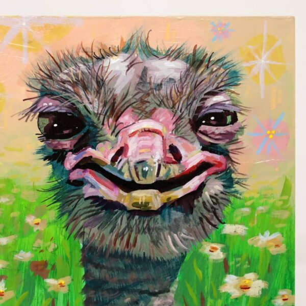 "Two Ostriches Having A Nice Day" original gouache on acrylic painting on wood by Matt Godwin 7"x5"