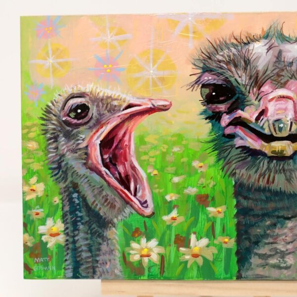 "Two Ostriches Having A Nice Day" original gouache on acrylic painting on wood by Matt Godwin 7"x5"