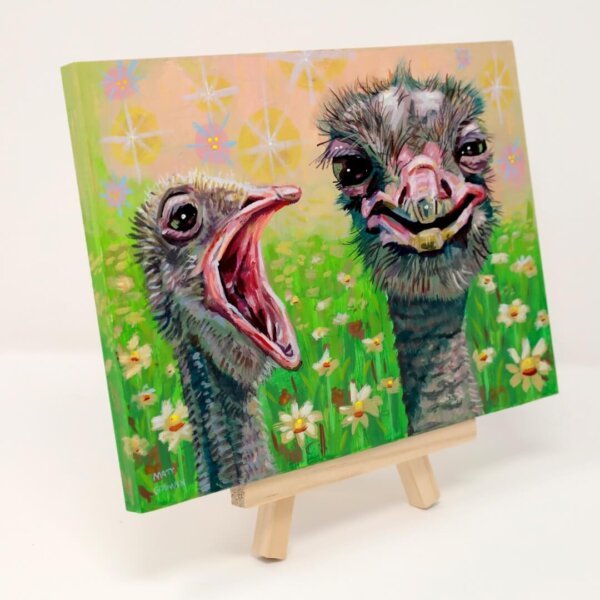 "Two Ostriches Having A Nice Day" original gouache on acrylic painting on wood by Matt Godwin 7"x5"