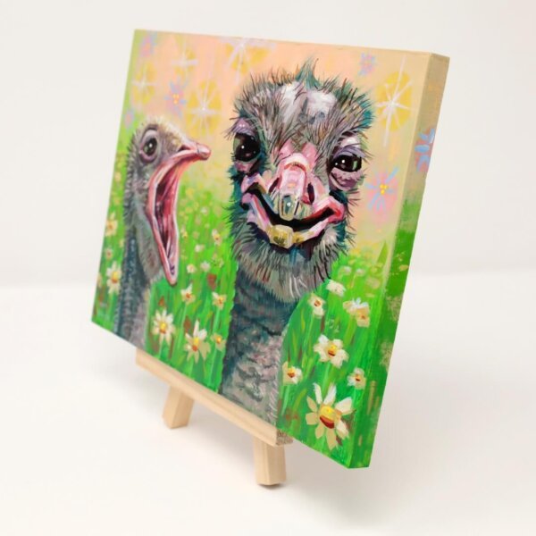 "Two Ostriches Having A Nice Day" original gouache on acrylic painting on wood by Matt Godwin 7"x5"