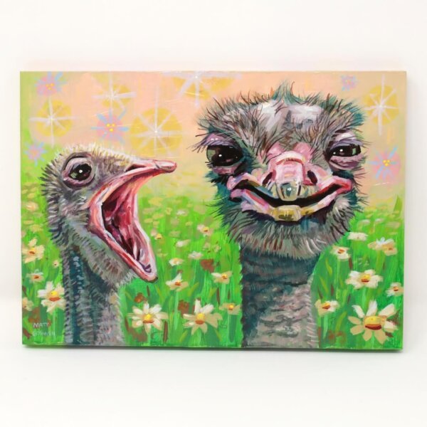 "Two Ostriches Having A Nice Day" original gouache on acrylic painting on wood by Matt Godwin 7"x5"