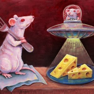 "UFO Mouse Visits Friend" original oil painting on canvas panel by Matt Godwin 12"x9"